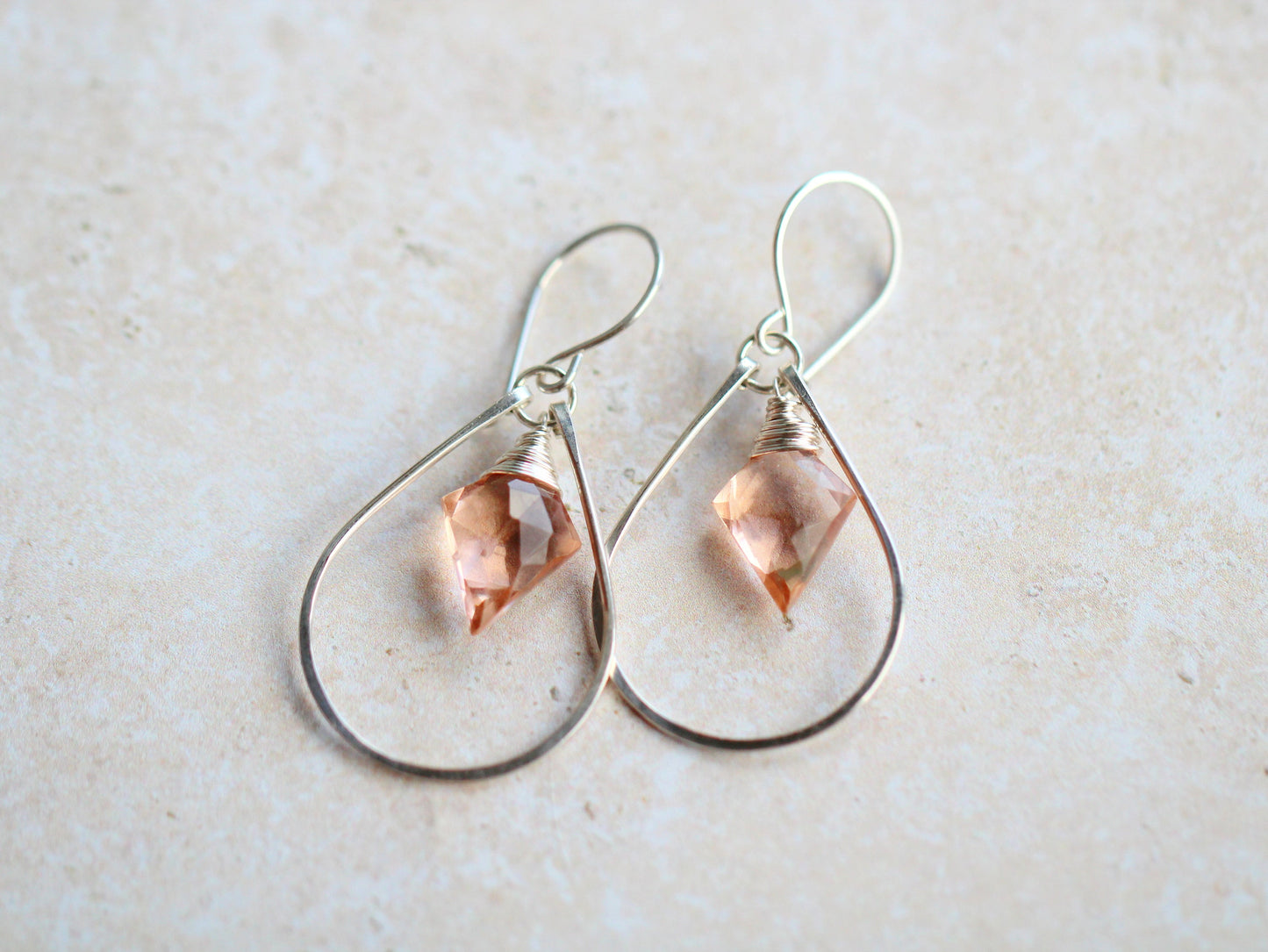 Arrow Hoop Earrings | Rosé Quartz Arrowhead | Hammered Teardrop Hoop | Sterling Silver, Gold & Rose Gold Fill