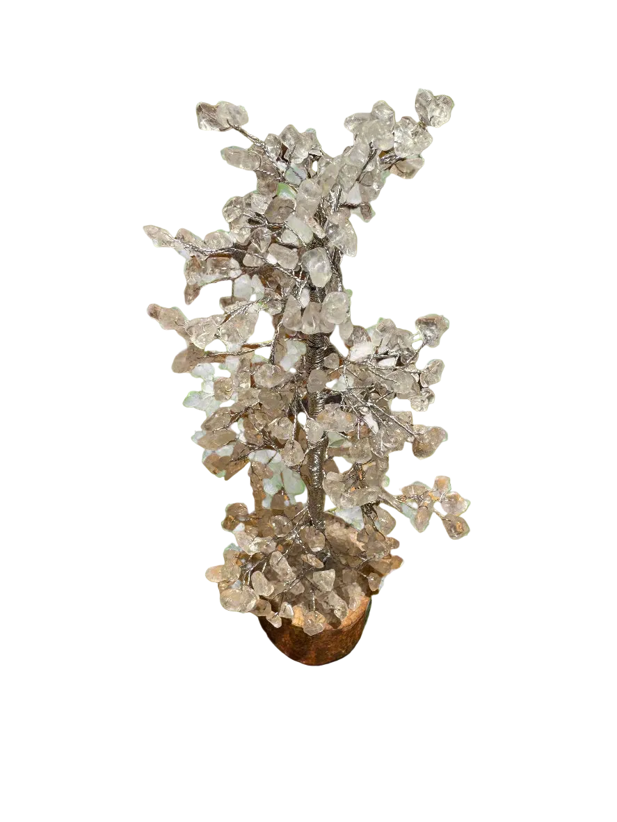 White Quartz Gemstone Tree 11" with Wooden Base