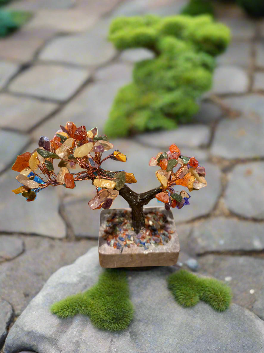 Multi Stone Gemstone Tree with Gold Wire - Rainbow Crystal Decor