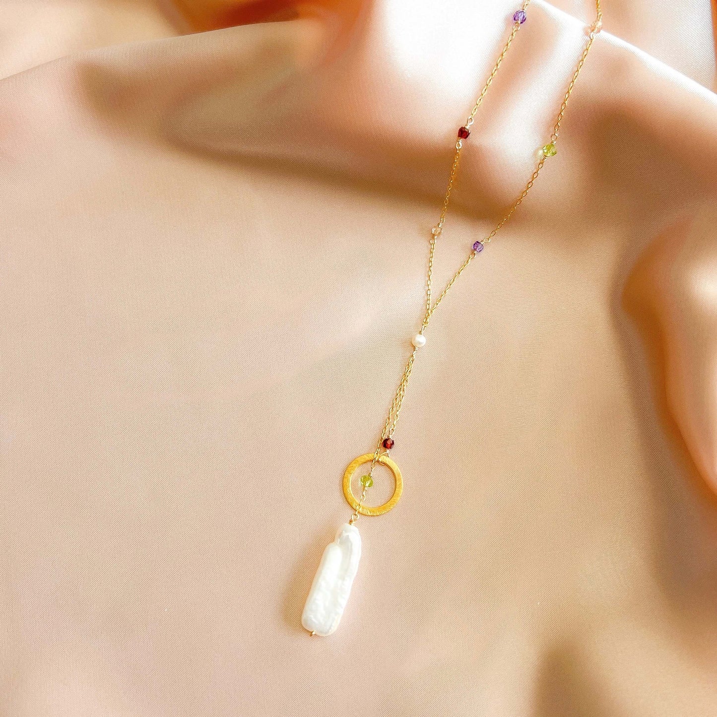 Freshwater Stick Pearl Ballet Necklace | Rainbow Gemstones | 14k Gold-Plated