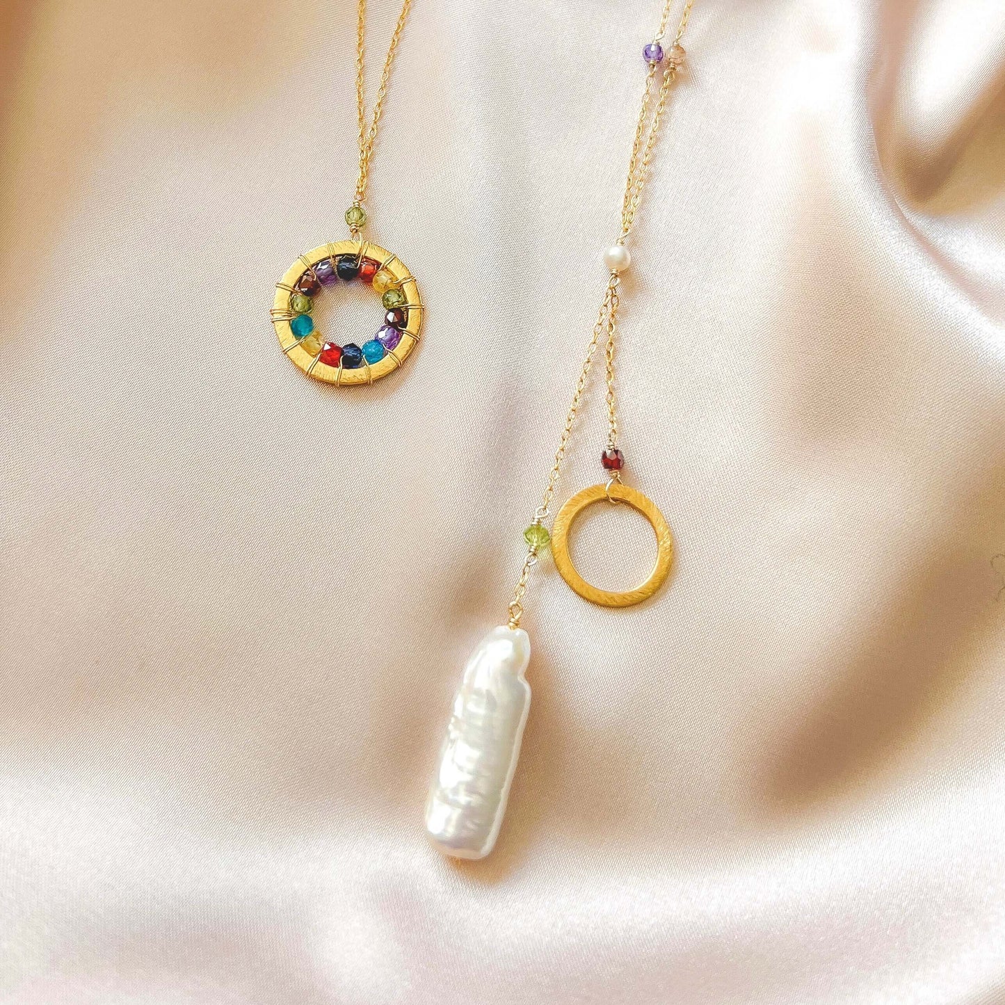Freshwater Stick Pearl Ballet Necklace | Rainbow Gemstones | 14k Gold-Plated