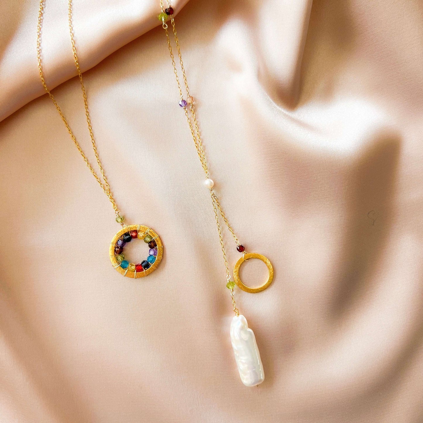 Freshwater Stick Pearl Ballet Necklace | Rainbow Gemstones | 14k Gold-Plated
