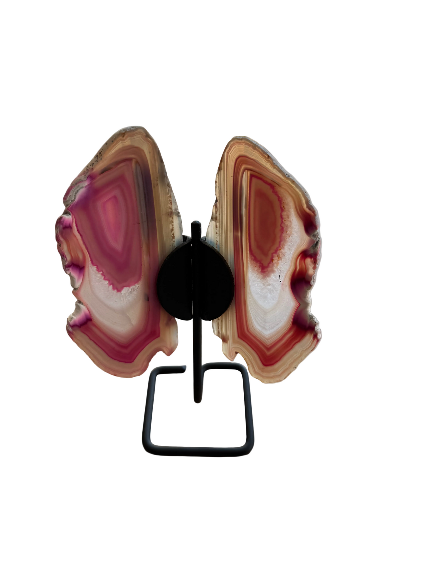 Carved Pink Agate Butterfly on Black Stand - 6" Crystal Sculpture