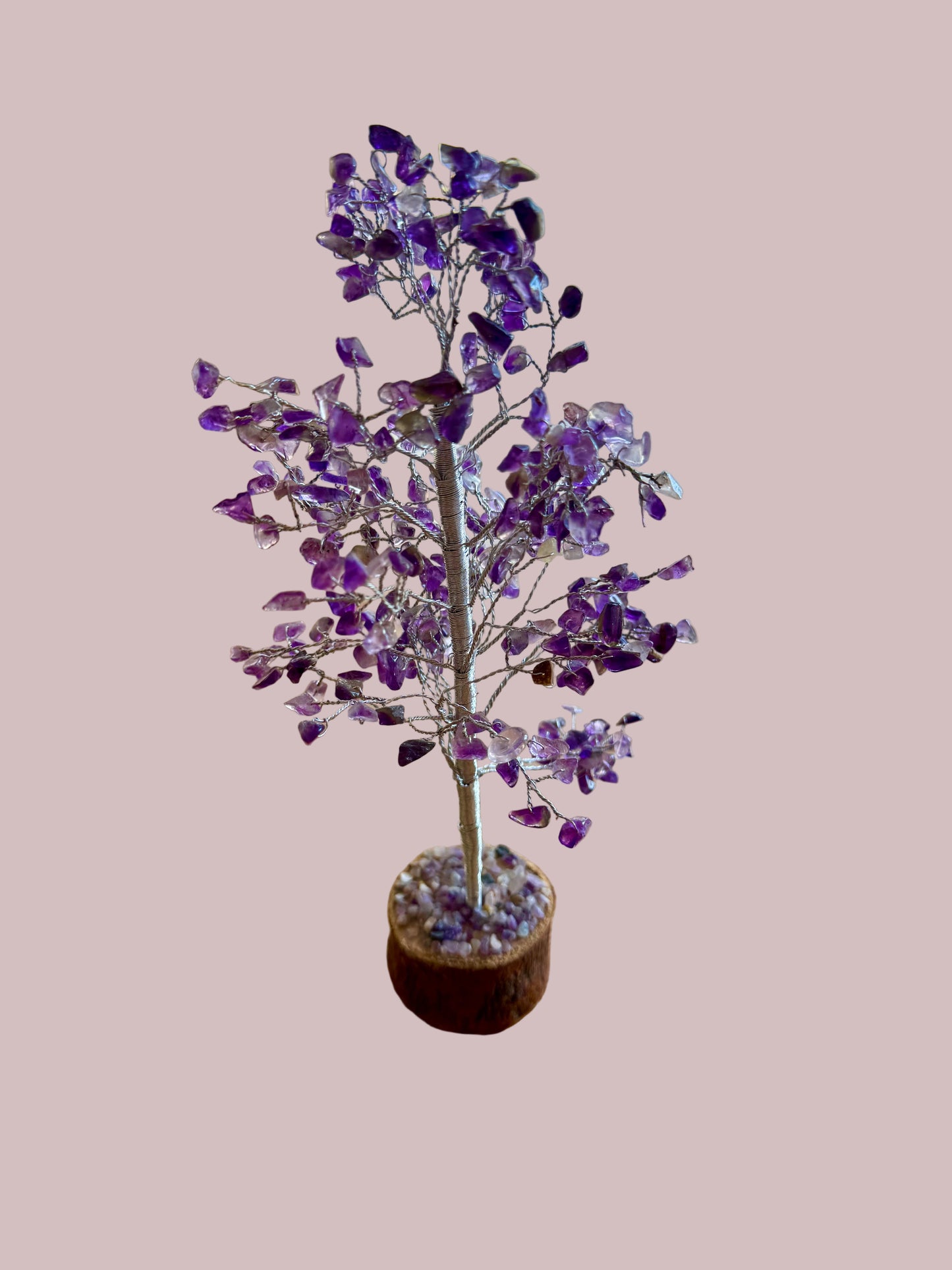 Amethyst Gemstone Tree 11" with Wooden Base - Handmade in India Crystal Decor