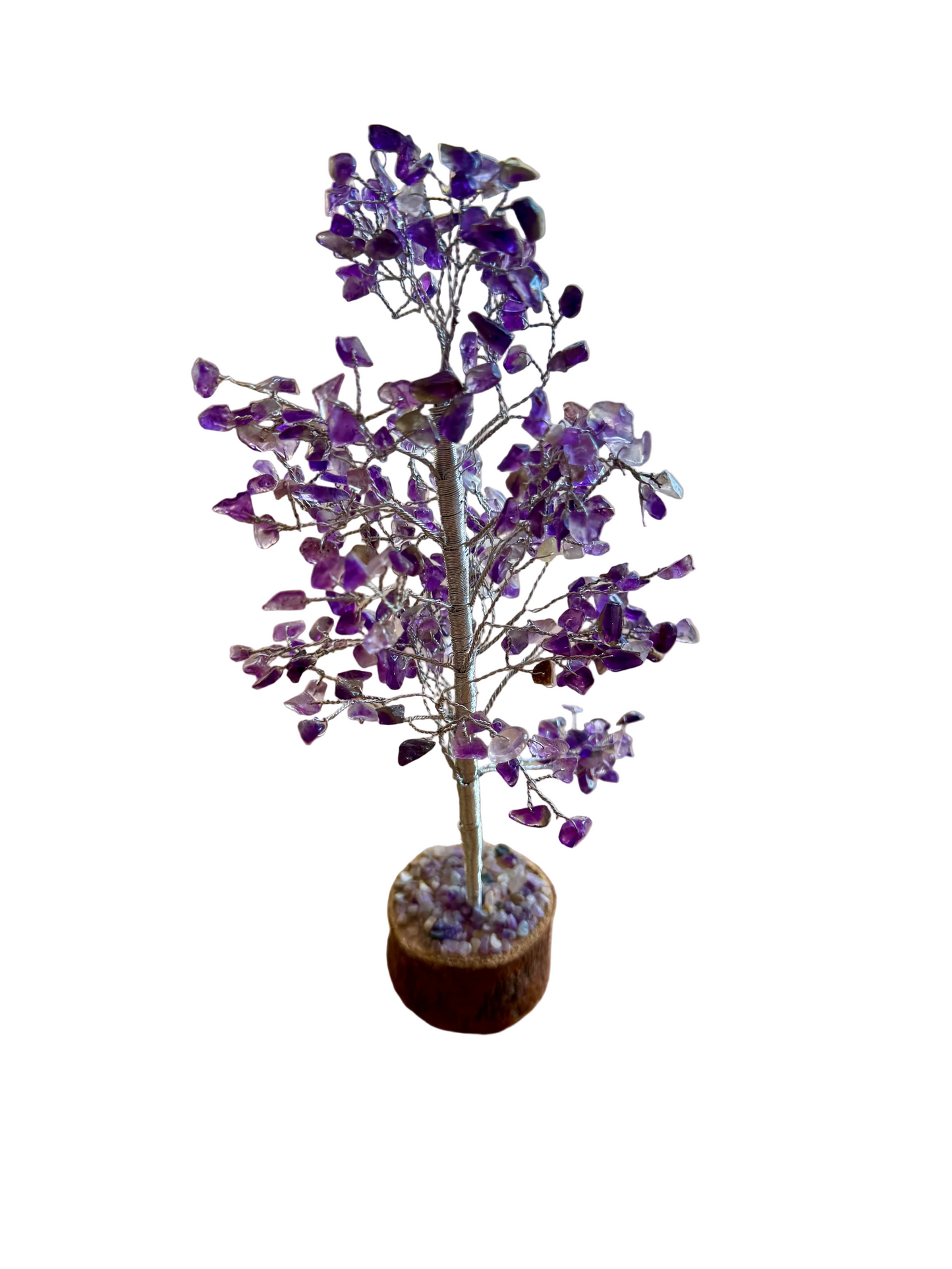 Amethyst Gemstone Tree 11" with Wooden Base - Handmade in India Crystal Decor