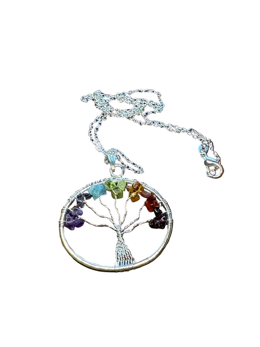 Chakra Tree Multi-Gemstone 18" Necklace with Silver Chain