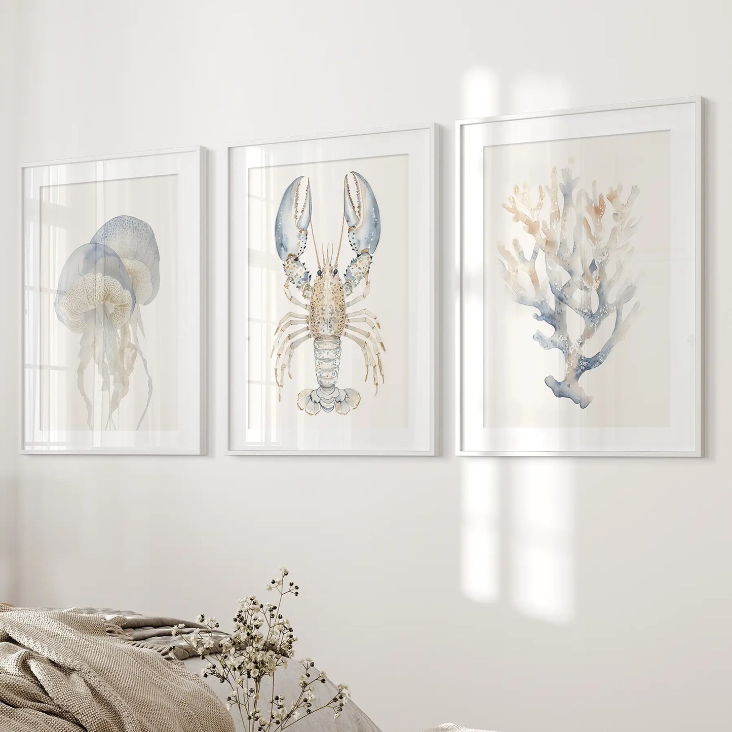 Coastal Wall Art Set of 3 | Watercolor Jellyfish, Lobster & Coral Reef Prints
