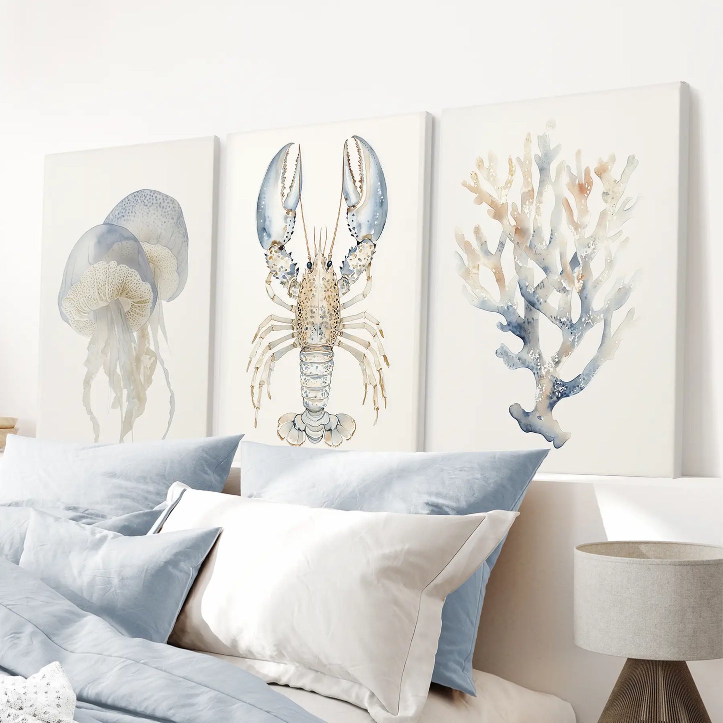 Coastal Wall Art Set of 3 | Watercolor Jellyfish, Lobster & Coral Reef Prints