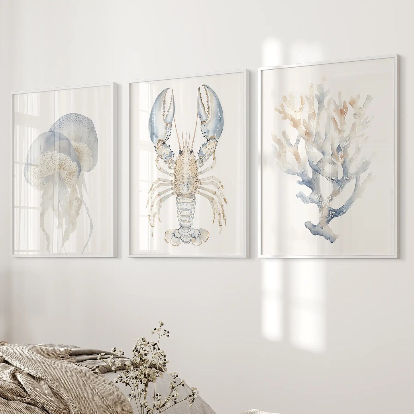 Coastal Wall Art Set of 3 | Watercolor Jellyfish, Lobster & Coral Reef Prints