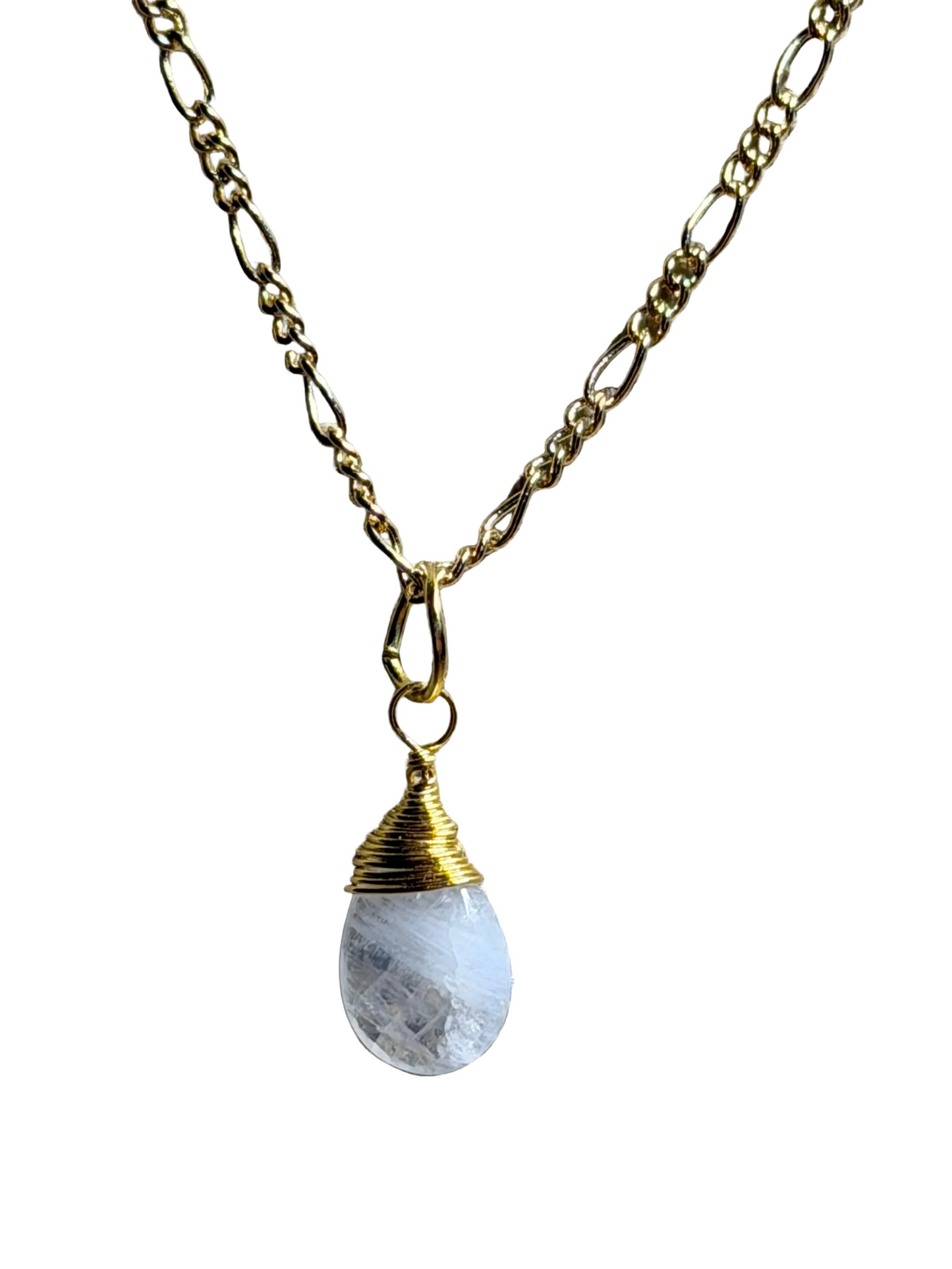 Necklace with a gold chain and Rainbow Moonstone pendant 