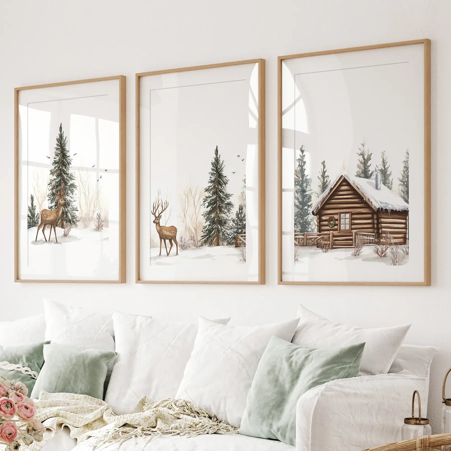 Winter Wall Art Set of 3 | Rustic Deer, Cabin & Snowy Pine Forest Prints