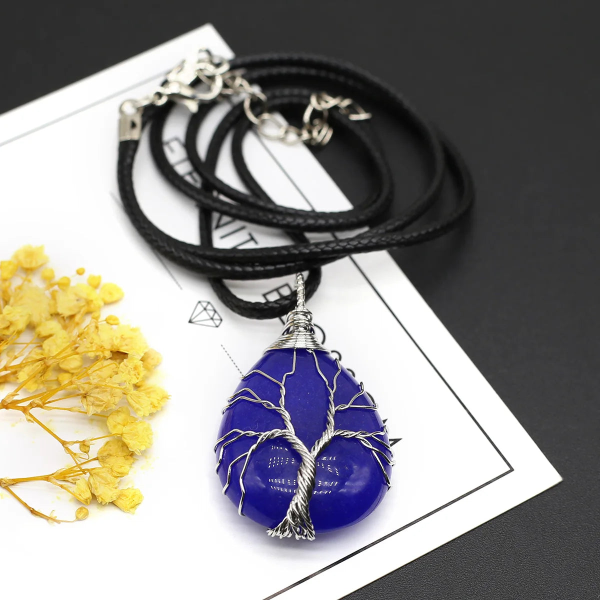Wire-Wrapped Natural Stone Pendant - Leather Cord Necklace