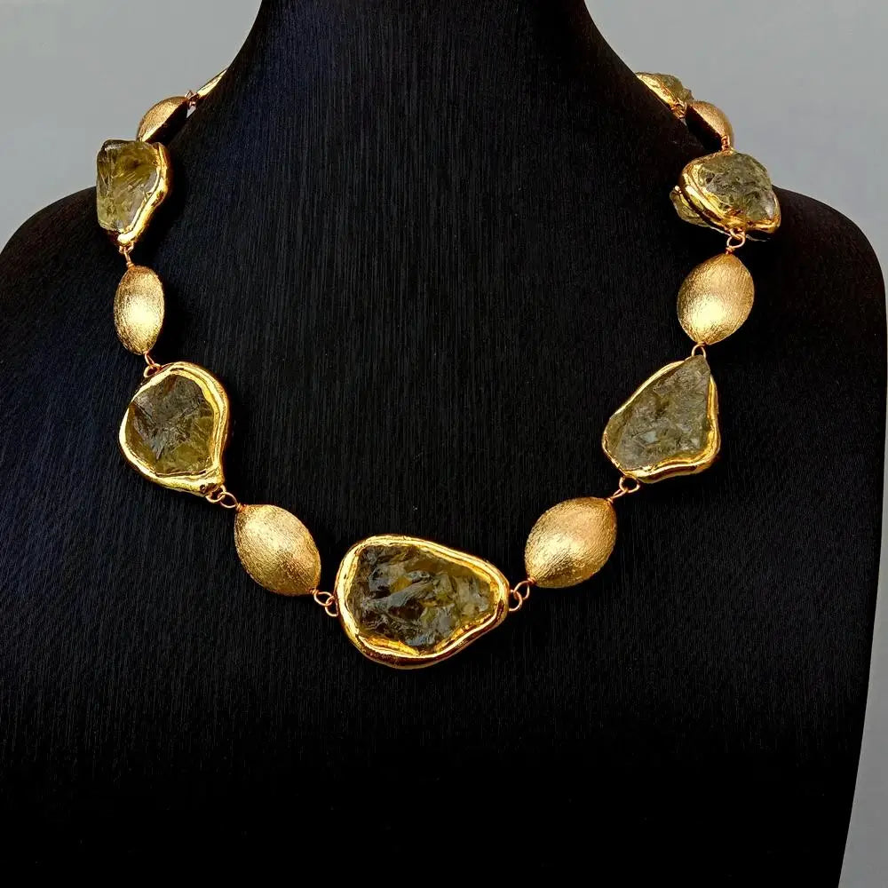 Natural Lemon Quartz Raw Crystal Necklace with Gold Plated Accents