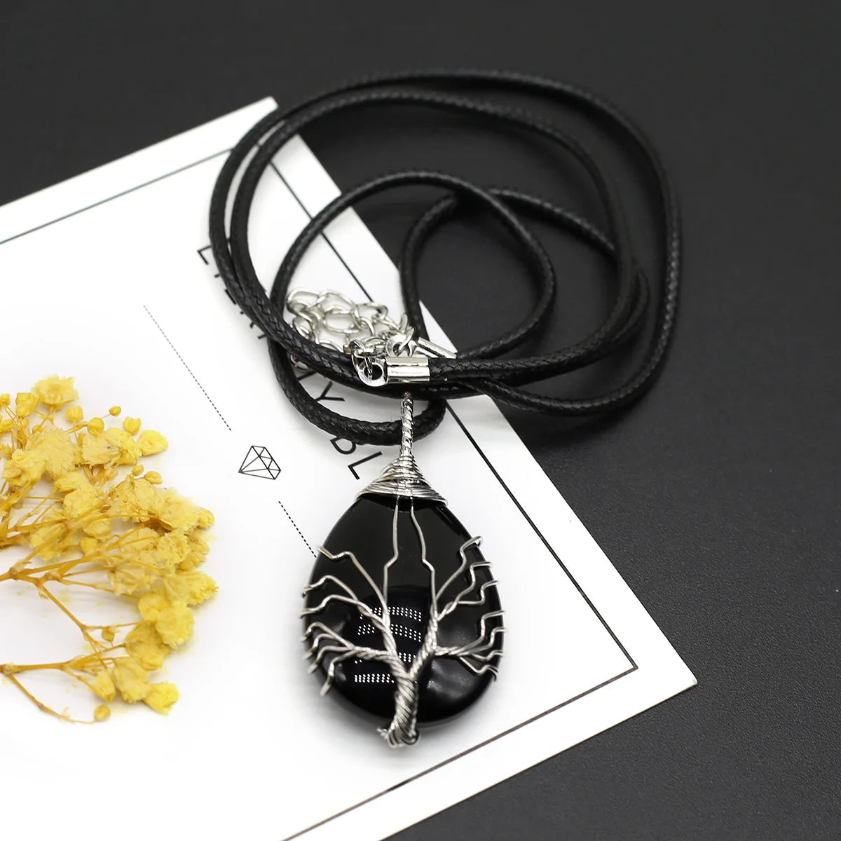 Wire-Wrapped Natural Stone Pendant - Leather Cord Necklace