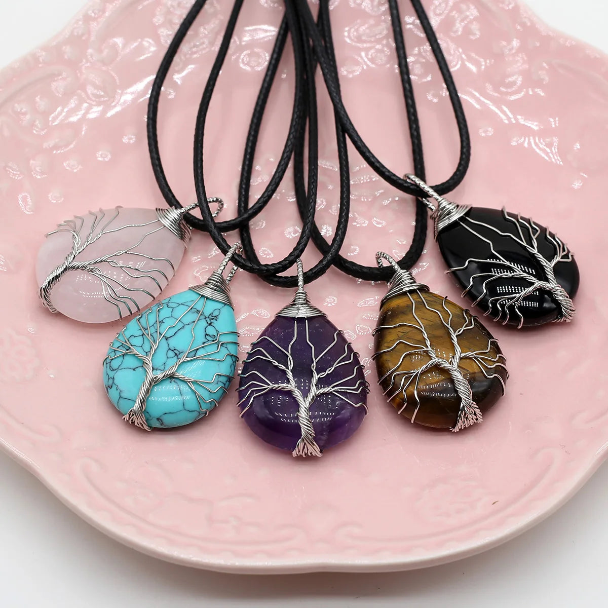Wire-Wrapped Natural Stone Pendant - Leather Cord Necklace