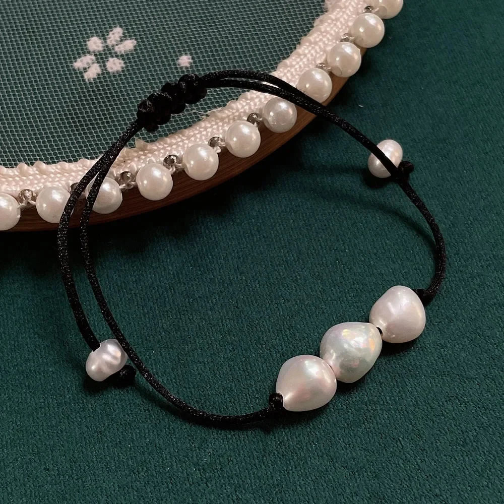 Baroque Pearl Friendship Bracelet - Adjustable Black Rope Chain