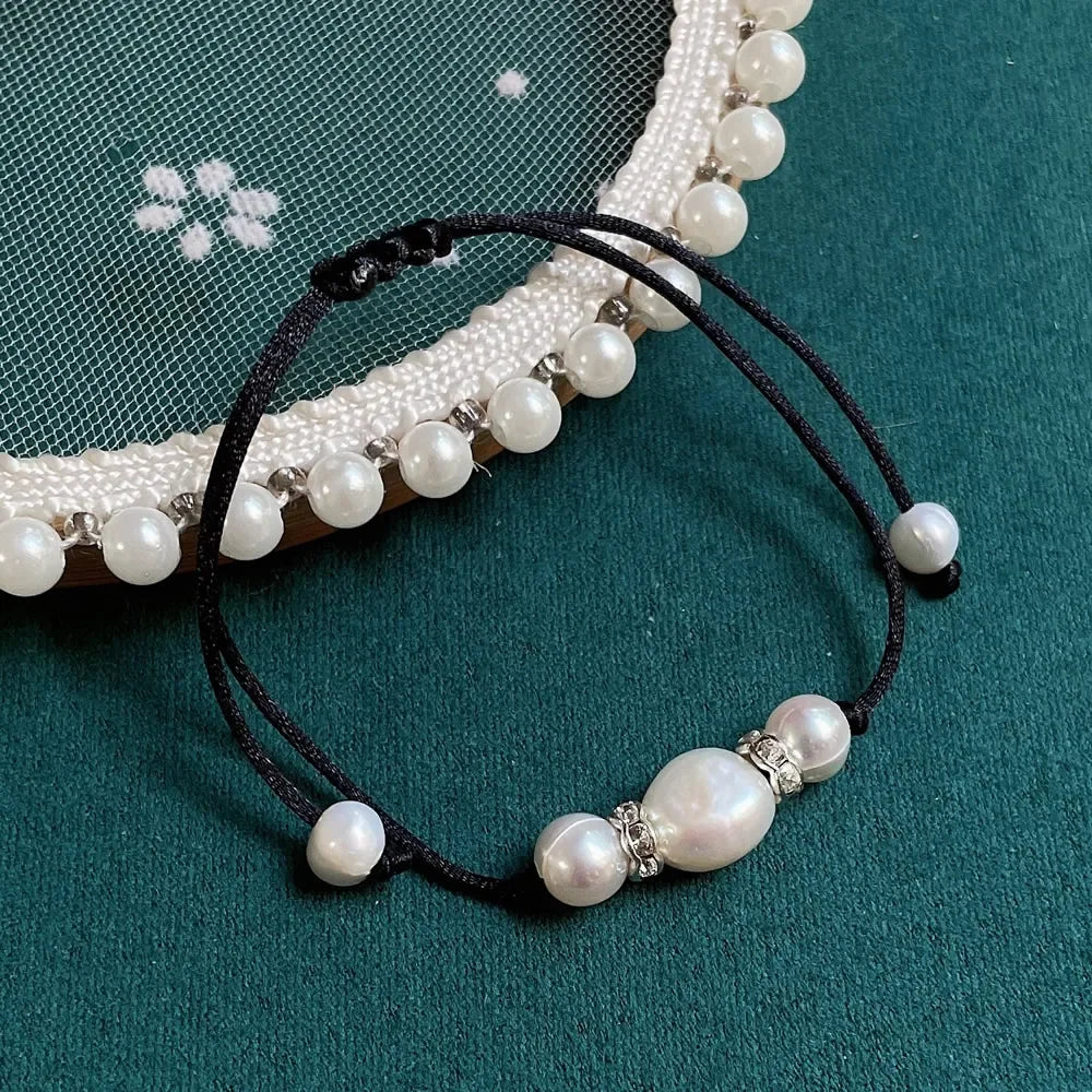 Baroque Pearl Friendship Bracelet - Adjustable Black Rope Chain