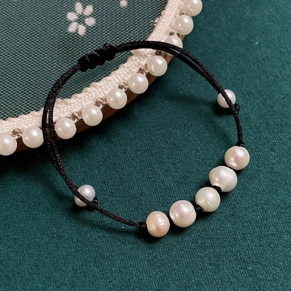 Baroque Pearl Friendship Bracelet - Adjustable Black Rope Chain