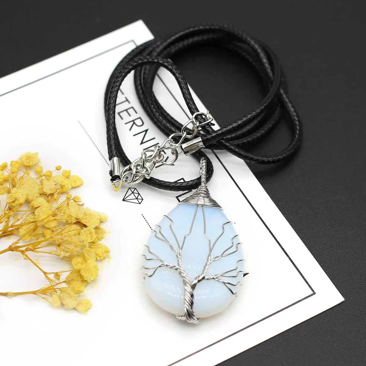 Wire-Wrapped Natural Stone Pendant - Leather Cord Necklace