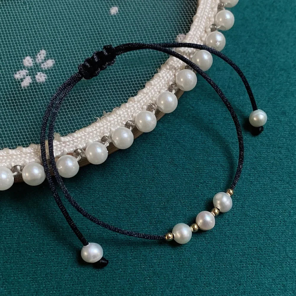 Baroque Pearl Friendship Bracelet - Adjustable Black Rope Chain