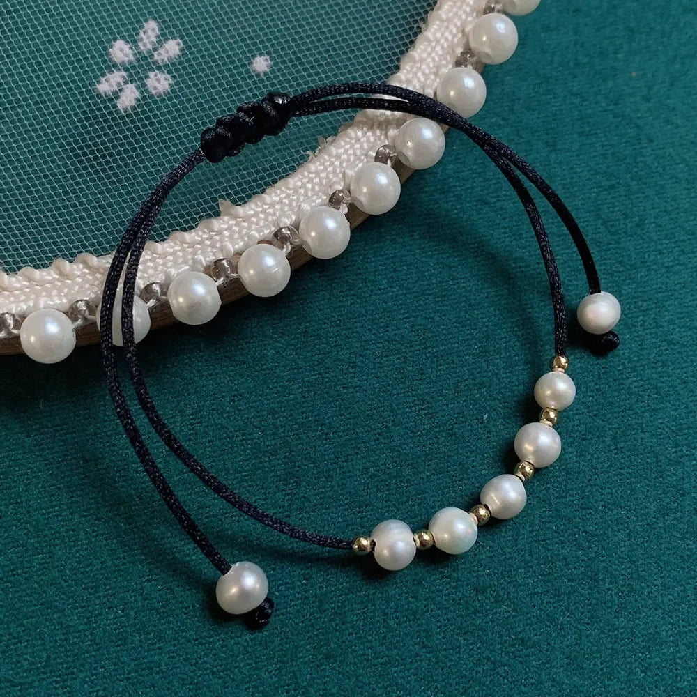 Baroque Pearl Friendship Bracelet - Adjustable Black Rope Chain