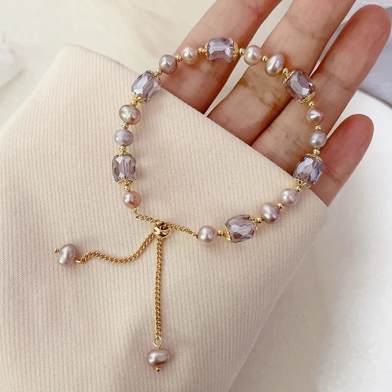 Pearl and Crystal Beaded Bracelet - Adjustable Freshwater Pearl Strand