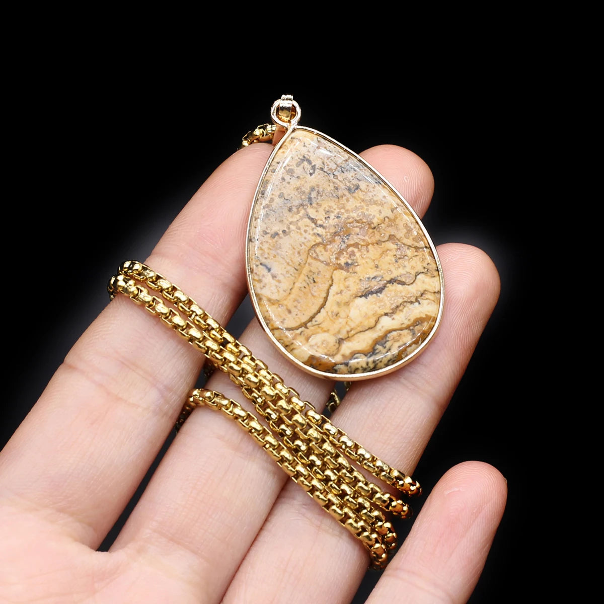 Natural Stone Water Drop Pendant Necklace - Semi-Precious Gemstone