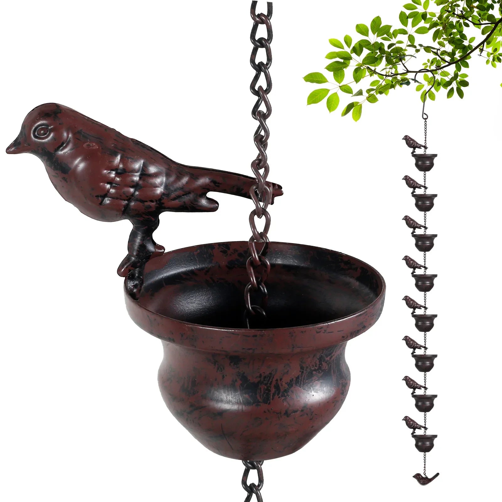 Decorative hanging bird bath with chain and birds on a white background
