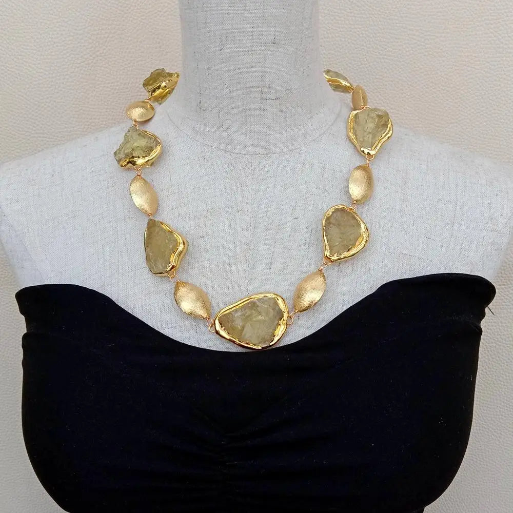 Natural Lemon Quartz Raw Crystal Necklace with Gold Plated Accents