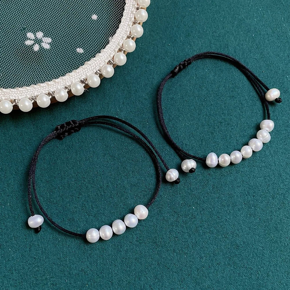 Baroque Pearl Friendship Bracelet - Adjustable Black Rope Chain