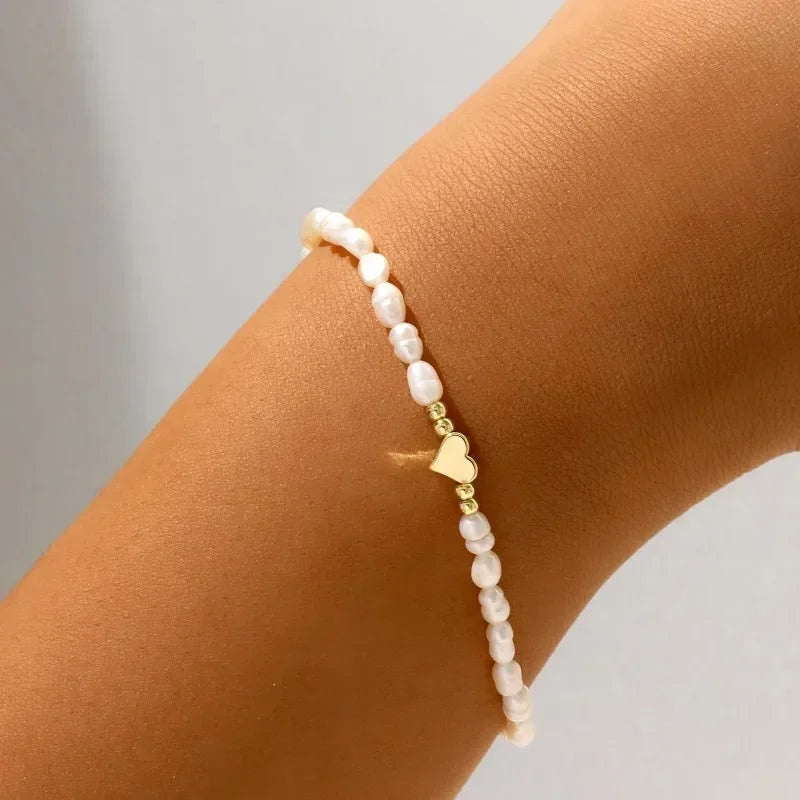 Freshwater Pearl Heart Charm Bracelet - Gold or Silver Plated