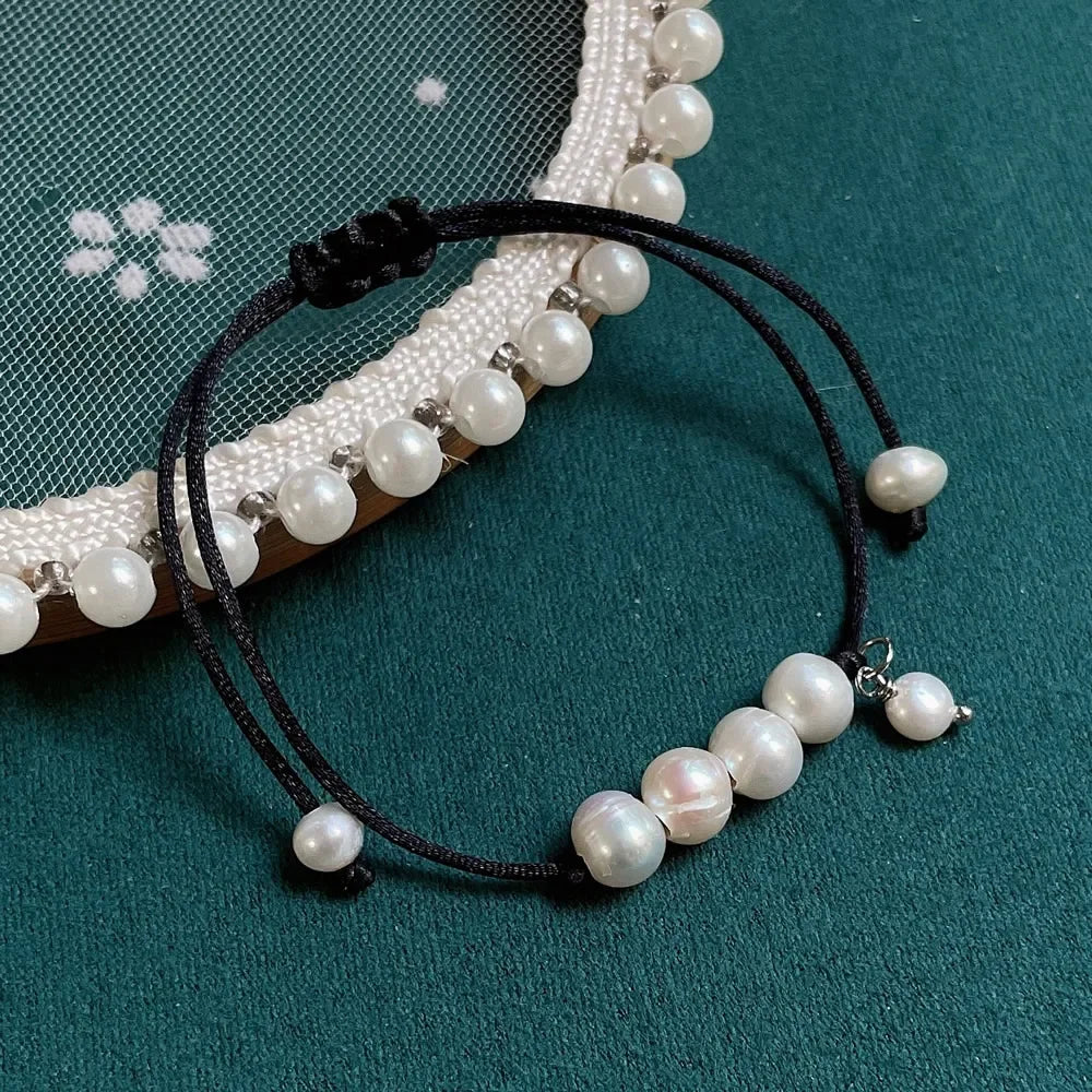 Baroque Pearl Friendship Bracelet - Adjustable Black Rope Chain