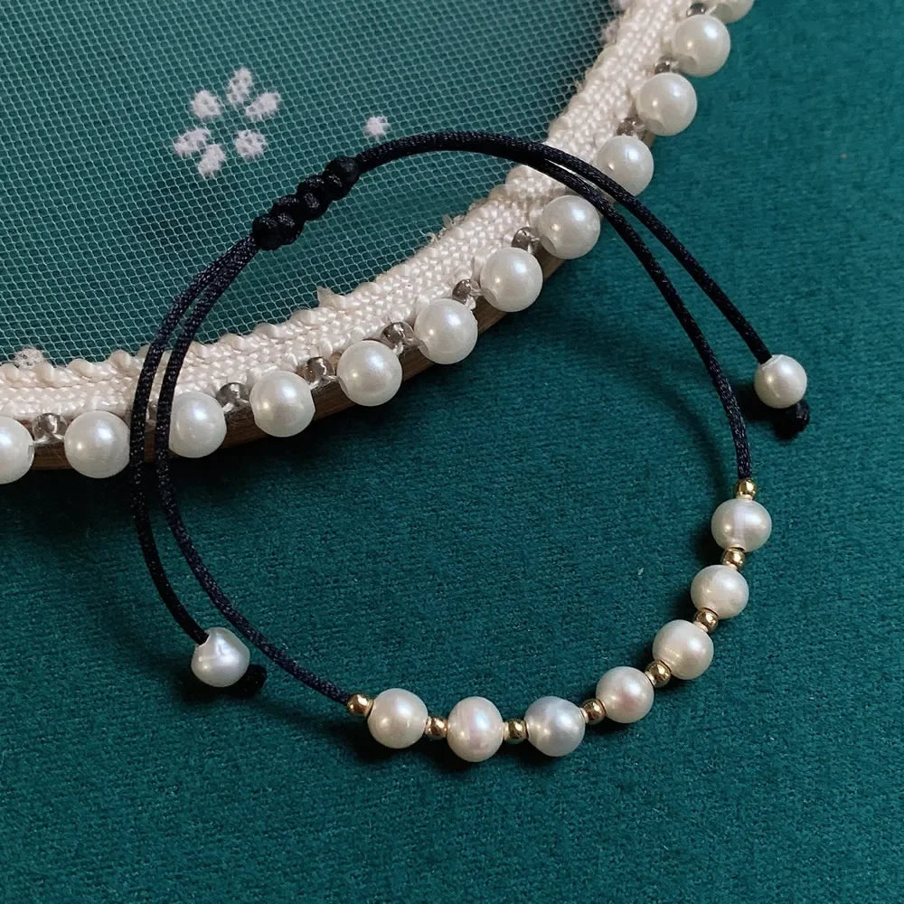 Baroque Pearl Friendship Bracelet - Adjustable Black Rope Chain