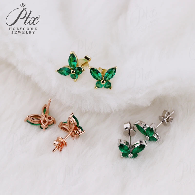 Lab Grown Emerald Butterfly Stud Earrings
