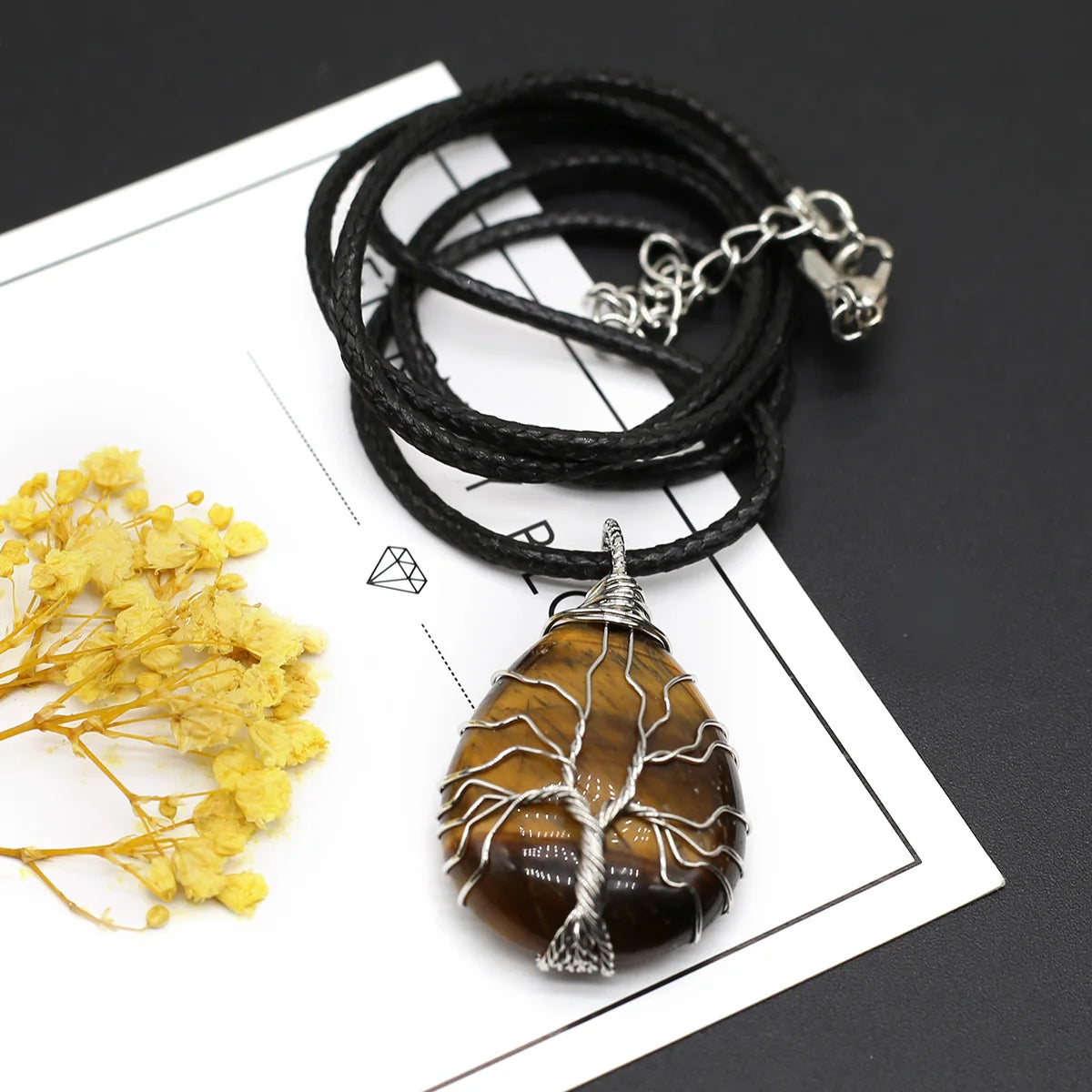 Wire-Wrapped Natural Stone Pendant - Leather Cord Necklace