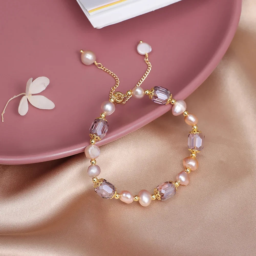 Pearl and Crystal Beaded Bracelet - Adjustable Freshwater Pearl Strand