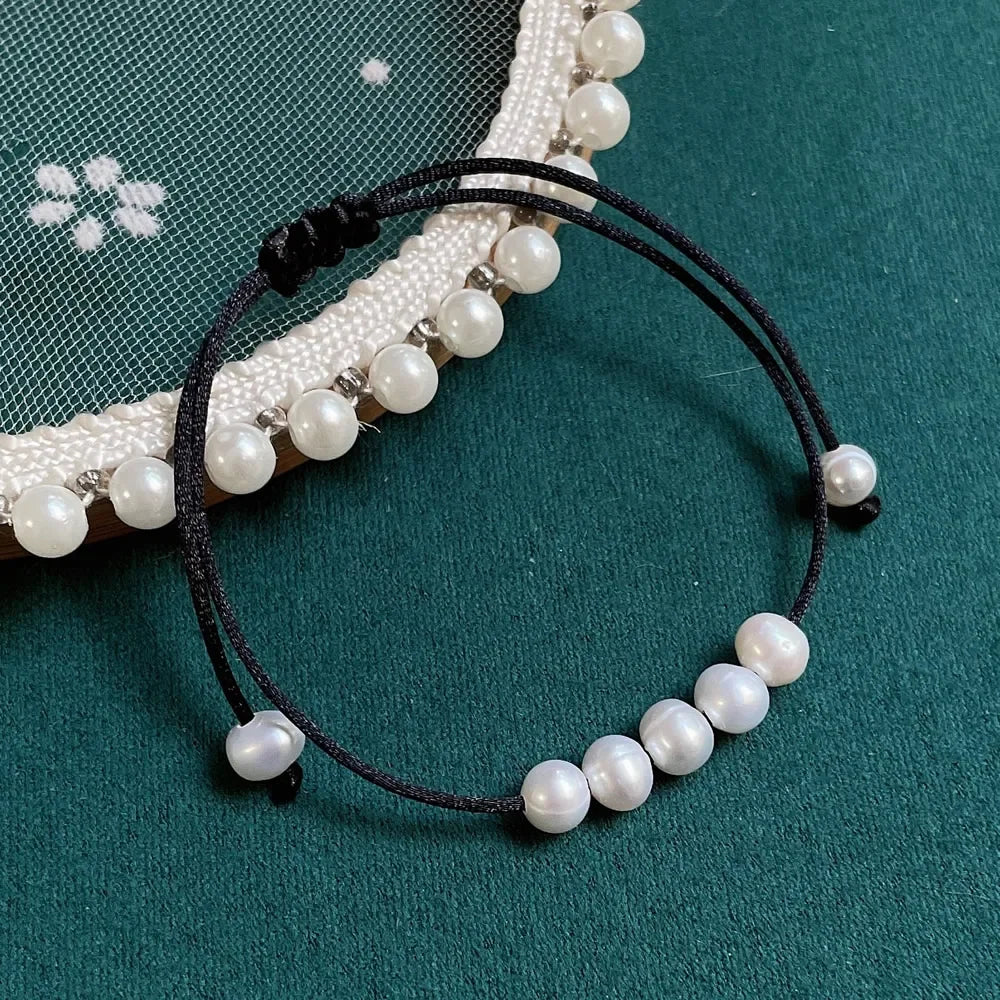 Baroque Pearl Friendship Bracelet - Adjustable Black Rope Chain