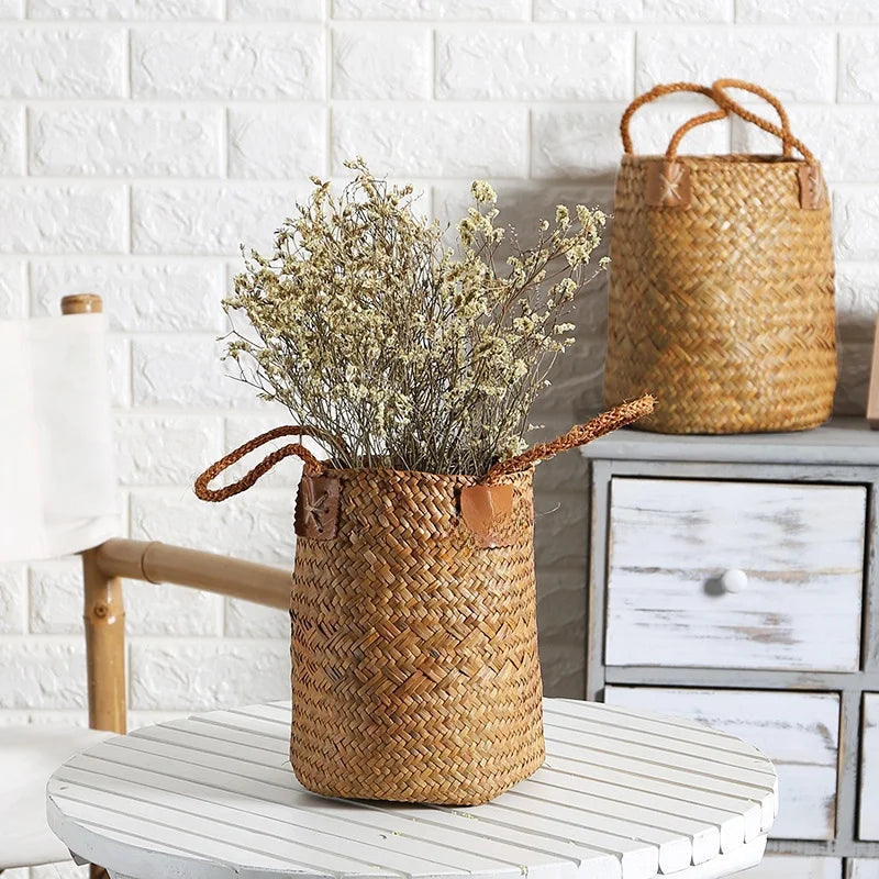 Handwoven Grass Basket | Dried Flower Vase & Boho Home Decor Organizer