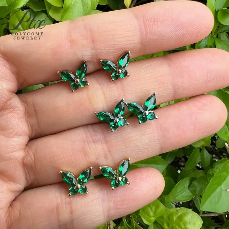 Lab Grown Emerald Butterfly Stud Earrings
