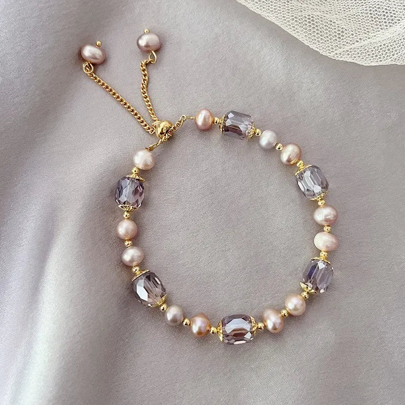 Pearl and Crystal Beaded Bracelet - Adjustable Freshwater Pearl Strand