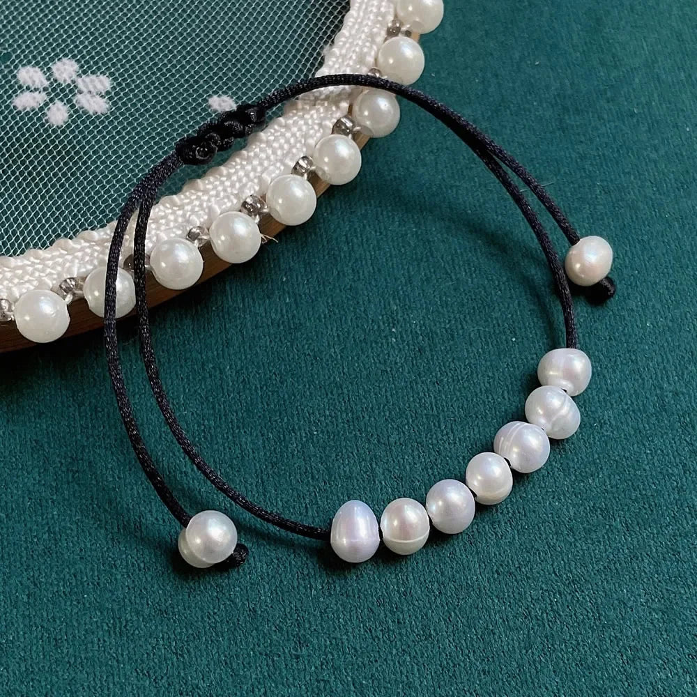 Baroque Pearl Friendship Bracelet - Adjustable Black Rope Chain
