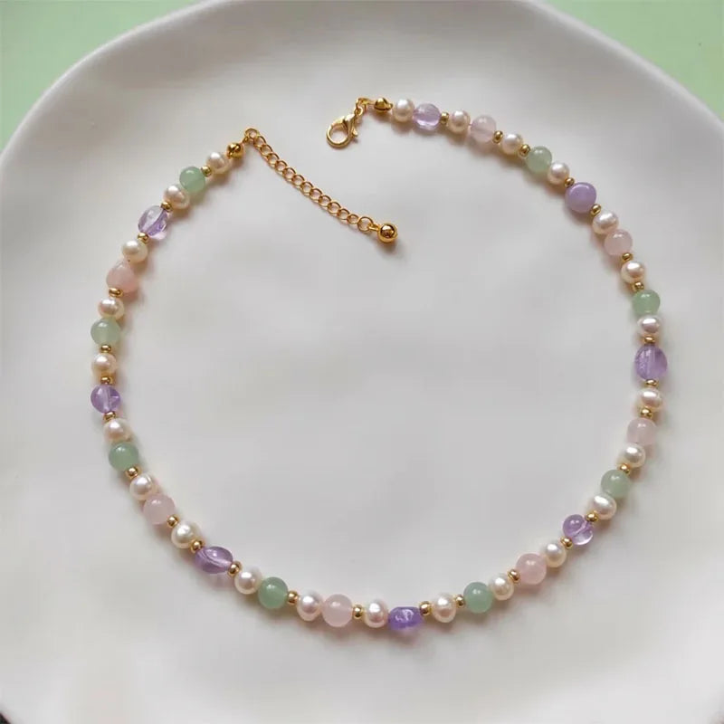 Handmade Gemstone & Pearl Beaded Choker - Bohemian Crystal Necklace