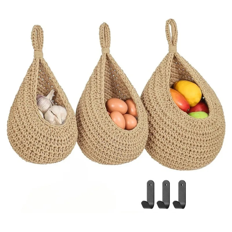 3pcs Bohemian-style Wall-mounted Fruit and Vegetable Baskets. Hand-making Woven Wall-mounted Fruit Basket for Home Kitchen Use