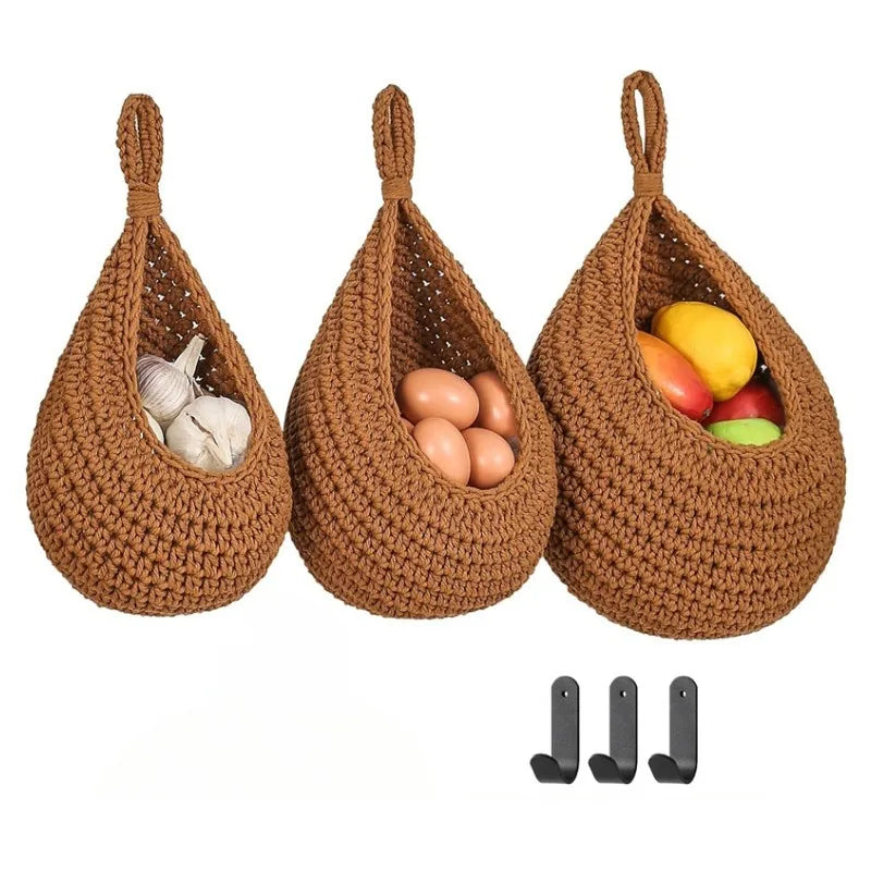 3pcs Bohemian-style Wall-mounted Fruit and Vegetable Baskets. Hand-making Woven Wall-mounted Fruit Basket for Home Kitchen Use