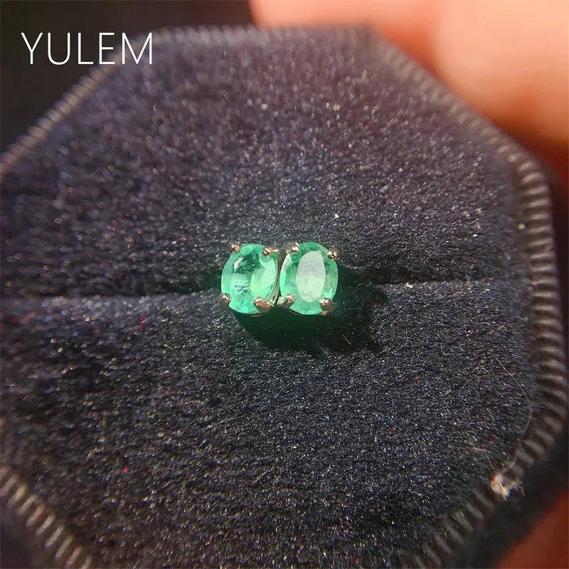 Natural Emerald Stud Earrings in 925 Sterling Silver