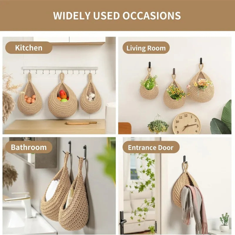 3pcs Bohemian-style Wall-mounted Fruit and Vegetable Baskets. Hand-making Woven Wall-mounted Fruit Basket for Home Kitchen Use