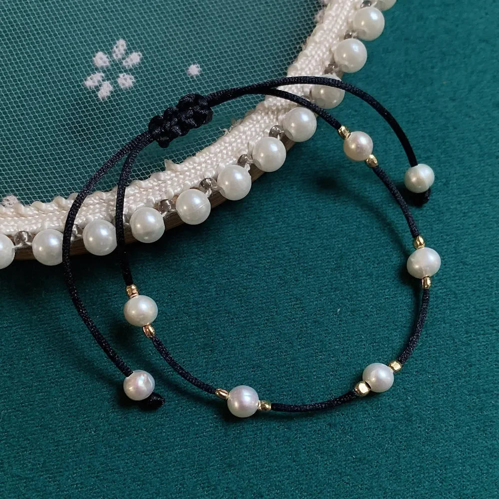 Baroque Pearl Friendship Bracelet - Adjustable Black Rope Chain