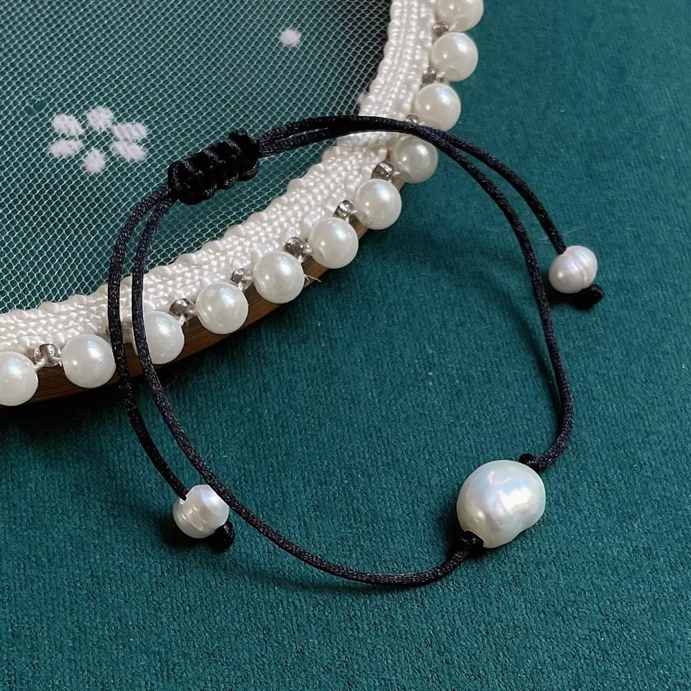 Baroque Pearl Friendship Bracelet - Adjustable Black Rope Chain