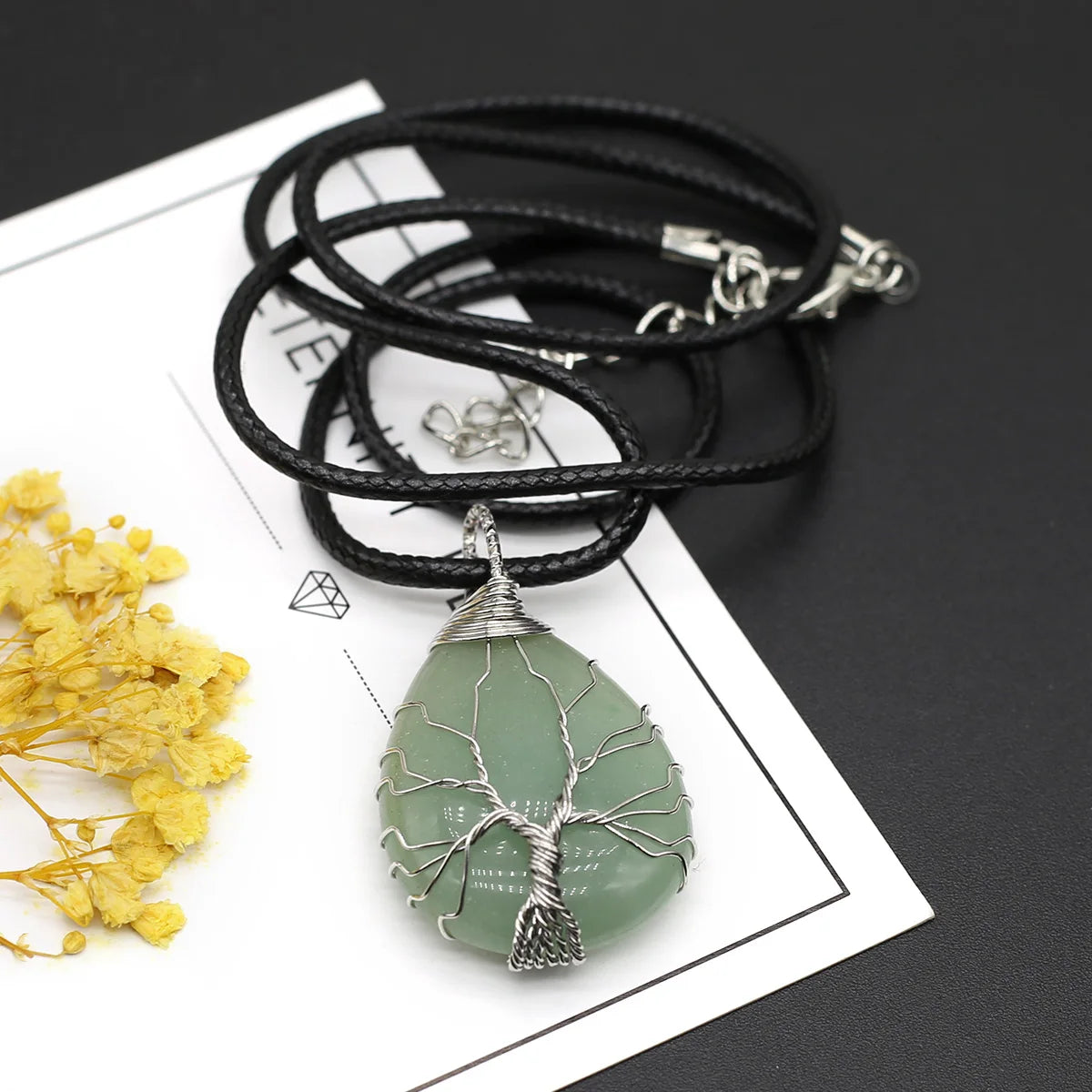 Wire-Wrapped Natural Stone Pendant - Leather Cord Necklace