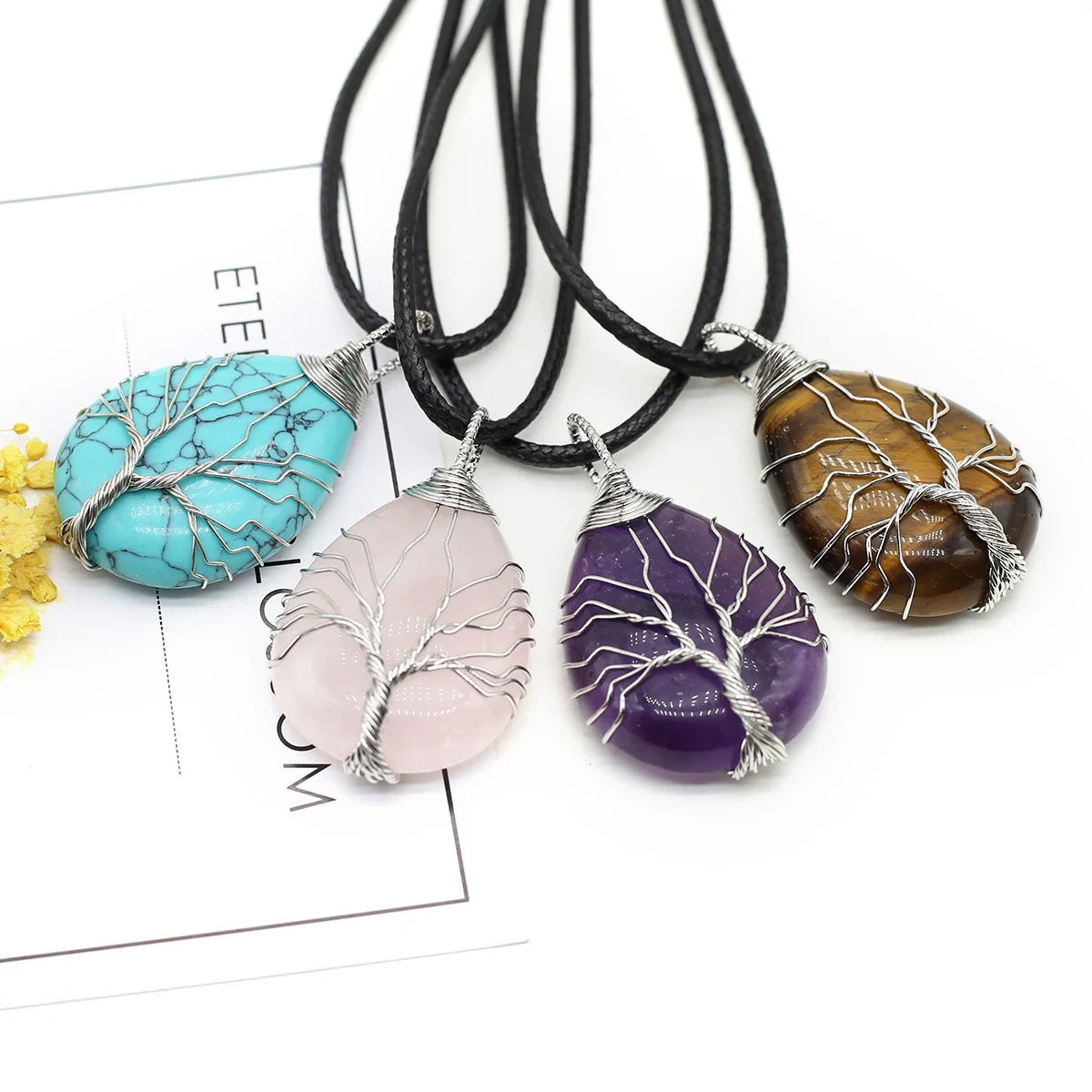 Wire-Wrapped Natural Stone Pendant - Leather Cord Necklace